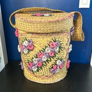 Vintage 1960s  Round Pink & Lilac Floral Flowers Picnic Basket with Lid & Handle